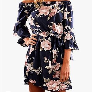 Blue Floral Off the Shoulder Dress